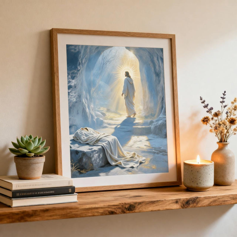 Load image into Gallery viewer, Cozy shelf decor mockup featuring framed Empty Tomb Jesus Resurrection art print next to a candle and succulent.
