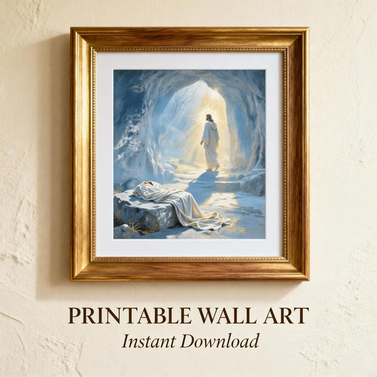 Printable wall art mockup featuring a gold framed Jesus Resurrection.