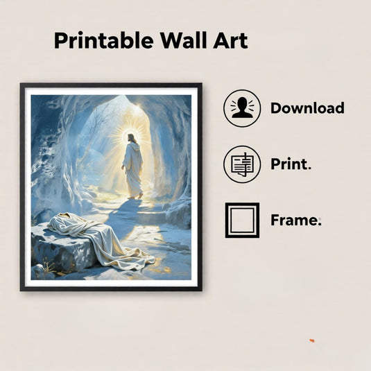 Digital printable Jesus Resurrection wall art mockup showing the empty tomb print framed with download icons
