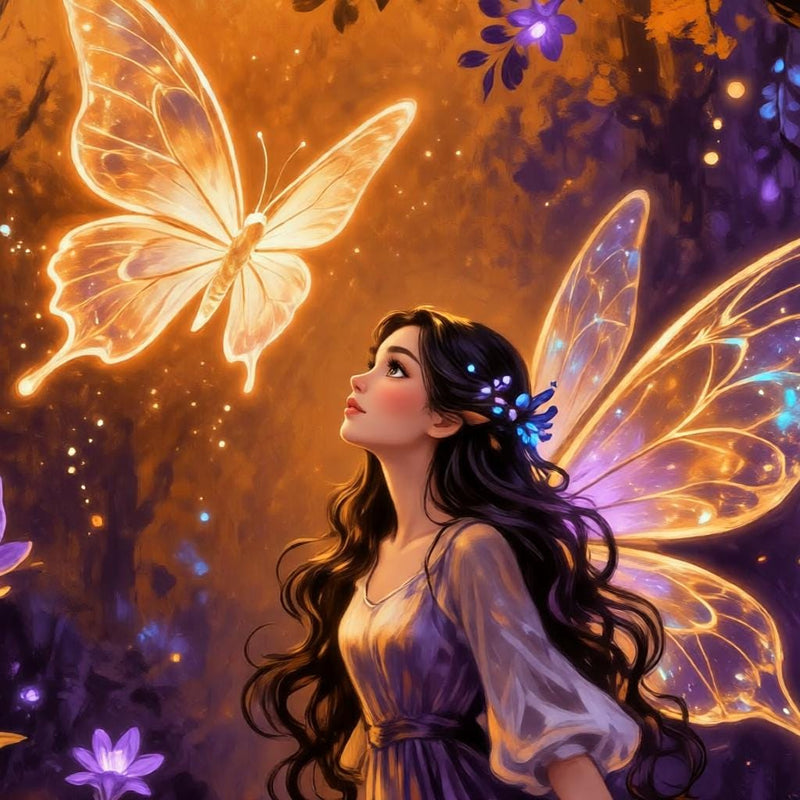 Load image into Gallery viewer, Magical fairy girl looking at a glowing butterfly in an enchanted forest print, fantasy nursery art.
