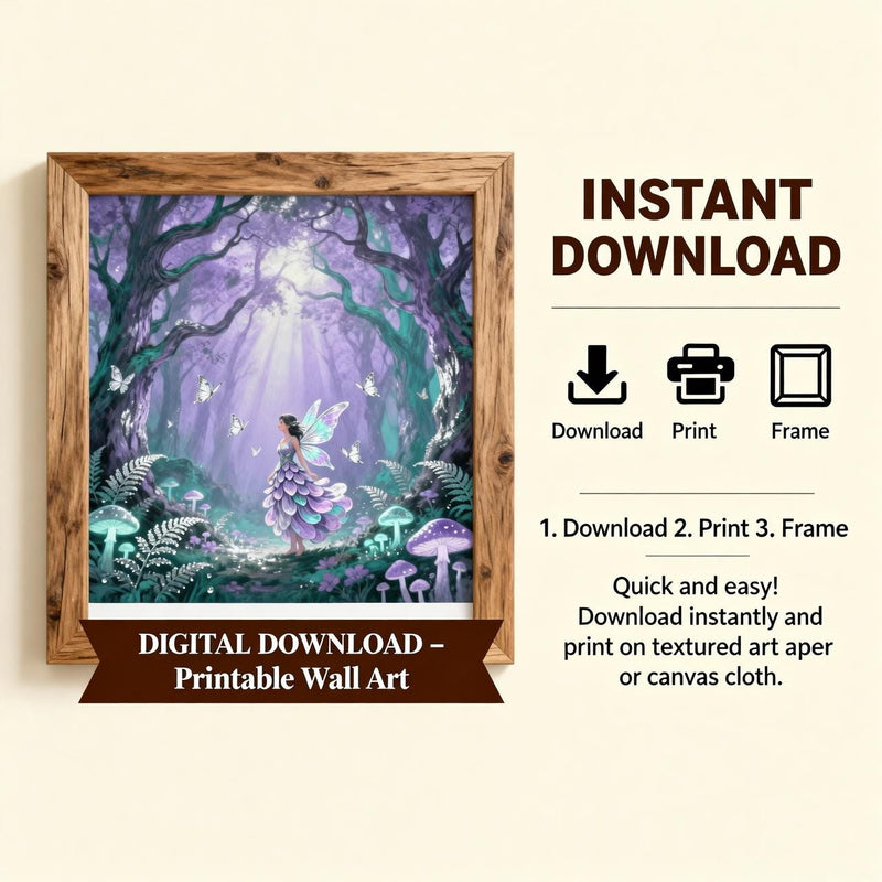 Load image into Gallery viewer, Fairycore Decor Enchanted Forest Art Magical Nursery Fairy Wall Print Purple Matte Download
