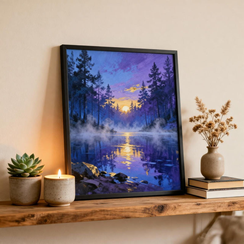 Load image into Gallery viewer, Misty Forest Art Sunset Lake Print Colorful Landscape Evergreen Trees Blue Matte Download
