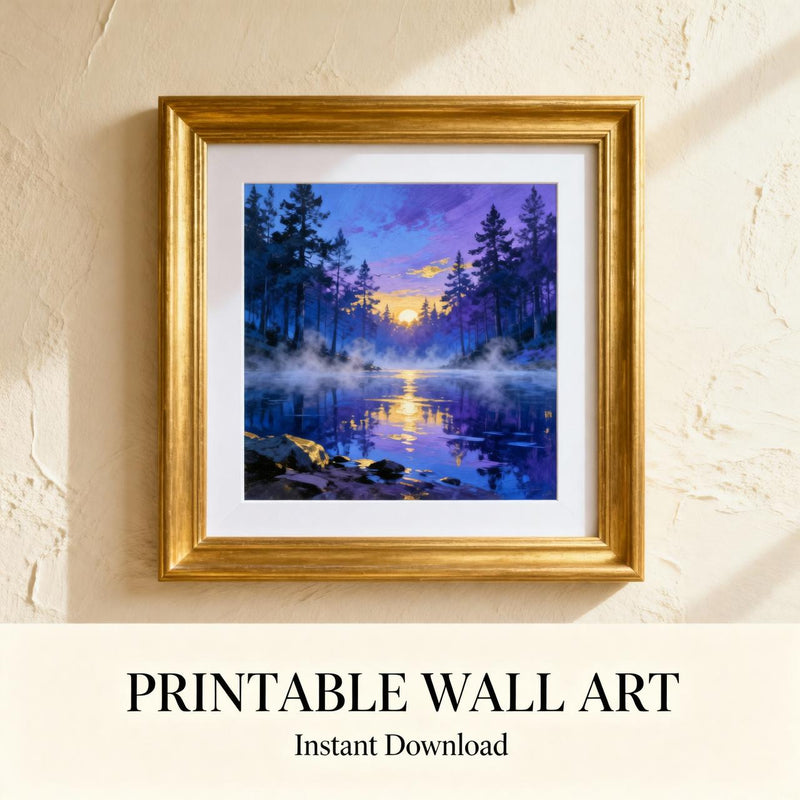 Load image into Gallery viewer, Misty Forest Art Sunset Lake Print Colorful Landscape Evergreen Trees Blue Matte Download
