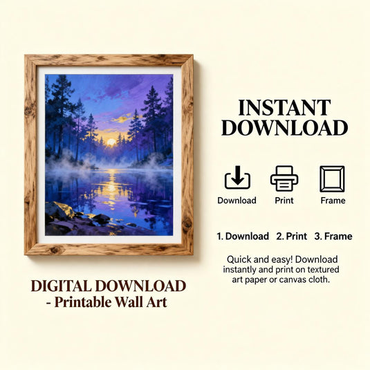 Misty Forest Art Sunset Lake Print Colorful Landscape Evergreen Trees Blue Matte Download