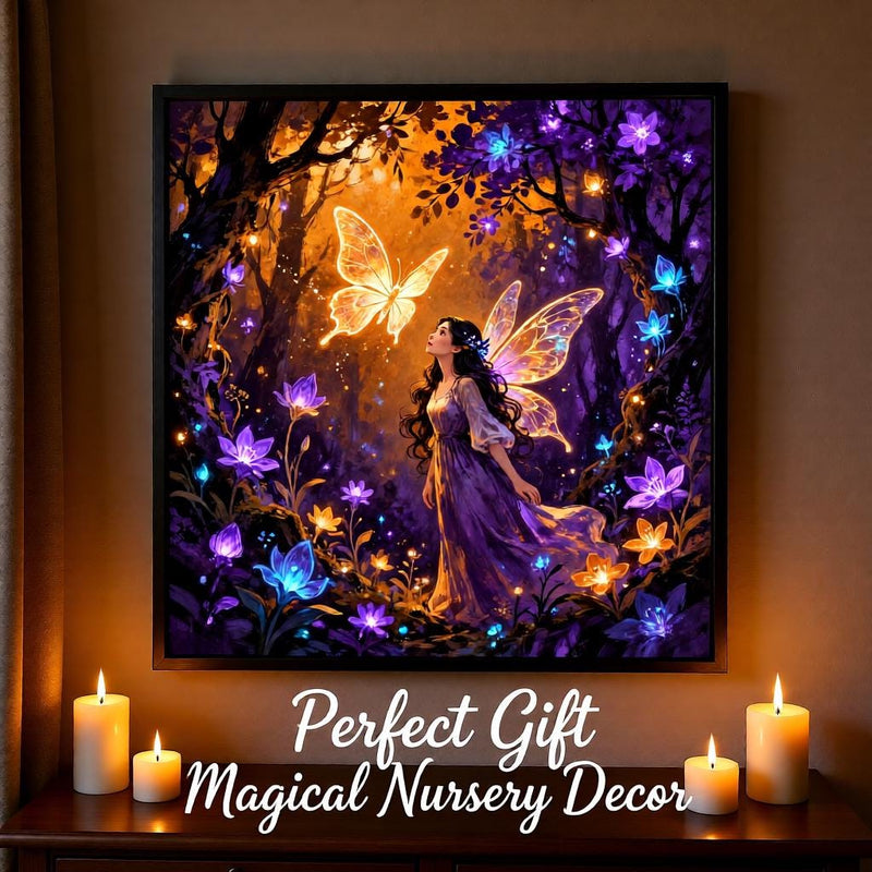 Load image into Gallery viewer, Fairy Wall Art Enchanted Forest Print Magical Butterfly Decor Purple Gold Matte Download
