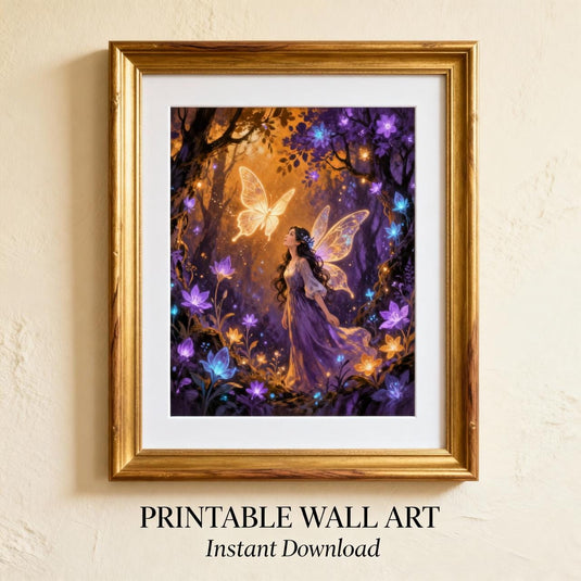 Fairy Wall Art Enchanted Forest Print Magical Butterfly Decor Purple Gold Matte Download