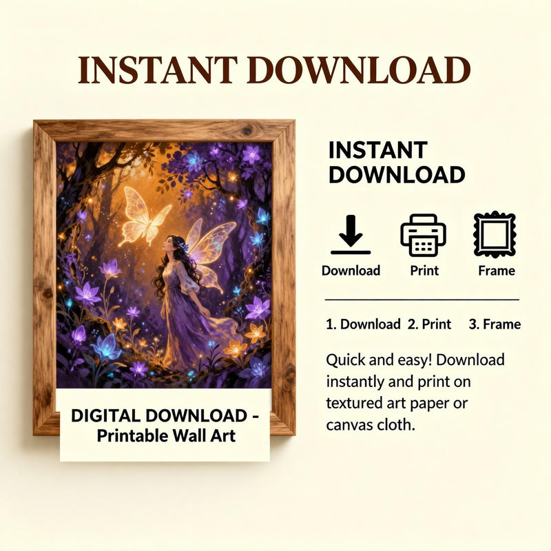 Load image into Gallery viewer, Fairy Wall Art Enchanted Forest Print Magical Butterfly Decor Purple Gold Matte Download
