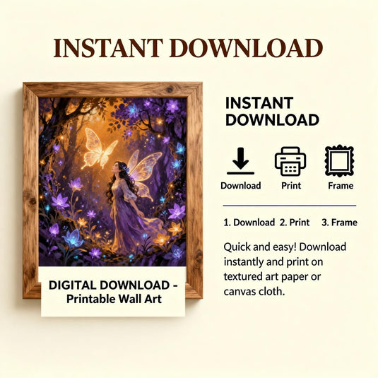 Fairy Wall Art Enchanted Forest Print Magical Butterfly Decor Purple Gold Matte Download