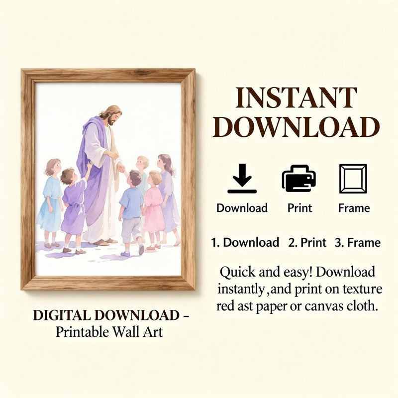 Load image into Gallery viewer, Jesus With Children Watercolor Art Print: Christian Nursery Decor (Digital Download)
