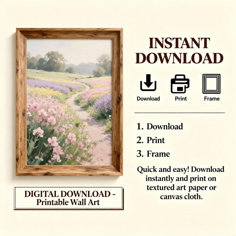 Load image into Gallery viewer, Floral Field Print Wildflower Meadow Pastel Landscape Poppies Painting Matte Download Decor Art
