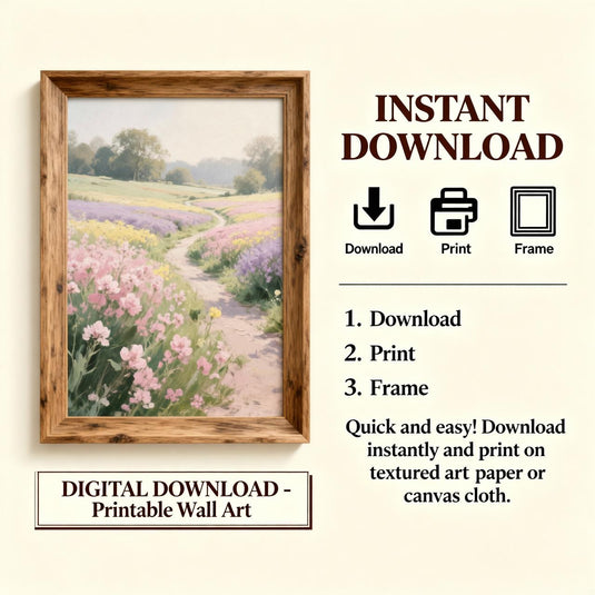 Floral Field Print Wildflower Meadow Pastel Landscape Poppies Painting Matte Download Decor Art