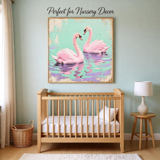 Pink Swan Wall Art Romantic Bird Couple Print Vintage Pastel Nursery Matte Download