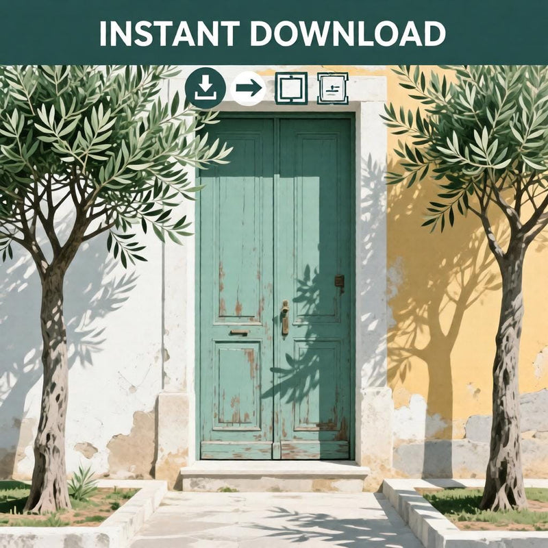 Load image into Gallery viewer, Mediterranean Art Olive Tree Print Rustic Door Wall Decor Teal Villa Style Matte Download
