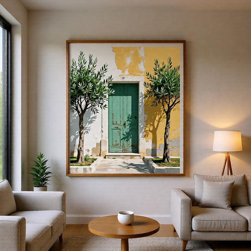 Load image into Gallery viewer, Mediterranean Art Olive Tree Print Rustic Door Wall Decor Teal Villa Style Matte Download

