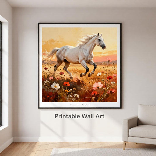 Wildflower Horse Meadow Art Print Sunset Equestrian Decor Rustic Farmhouse Printable Digital Download