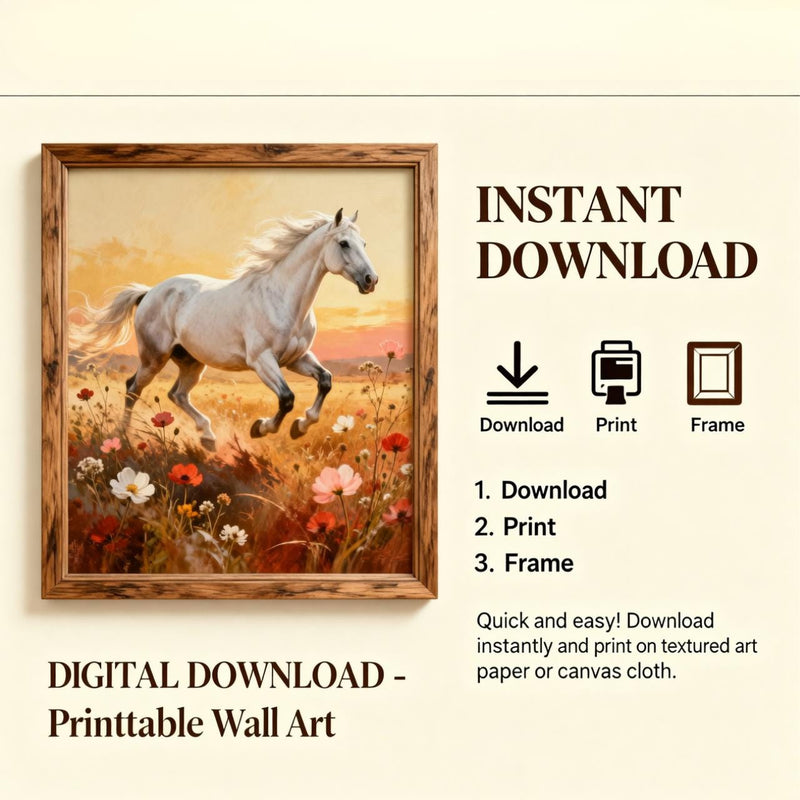 Load image into Gallery viewer, Wildflower Horse Meadow Art Print Sunset Equestrian Decor Rustic Farmhouse Printable Digital Download
