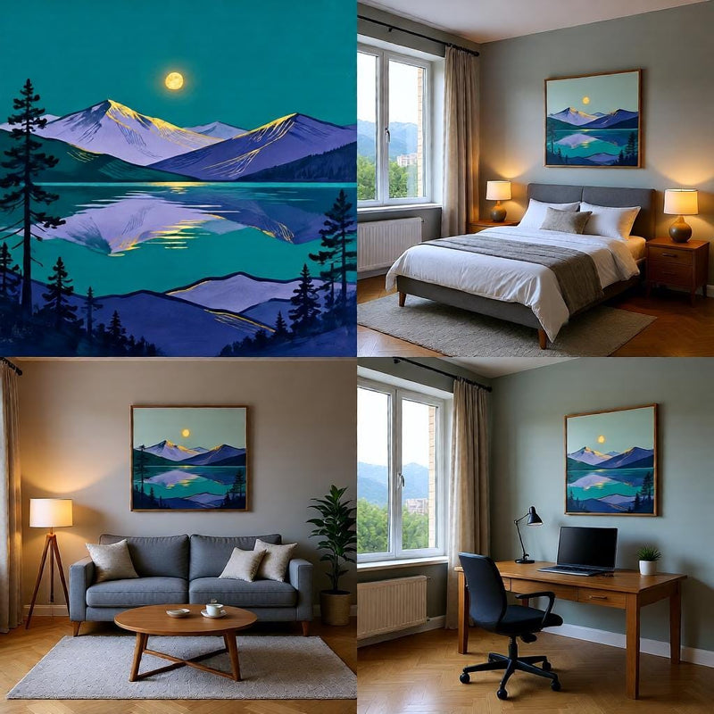 Load image into Gallery viewer, Teal Wall Art Mountain Lake Print Abstract Landscape Pine Trees Gold Moon Matte Download
