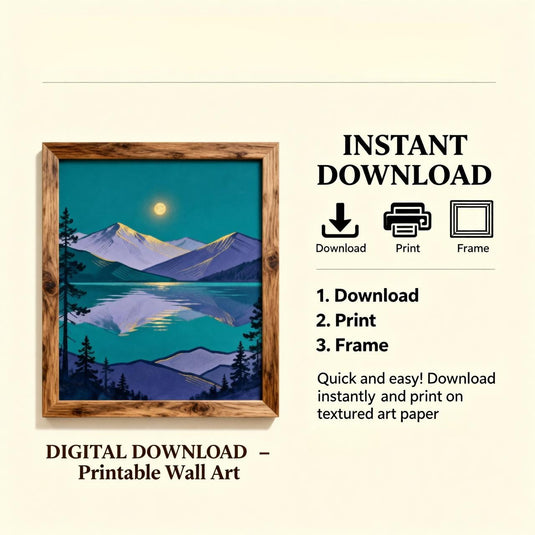Teal Wall Art Mountain Lake Print Abstract Landscape Pine Trees Gold Moon Matte Download