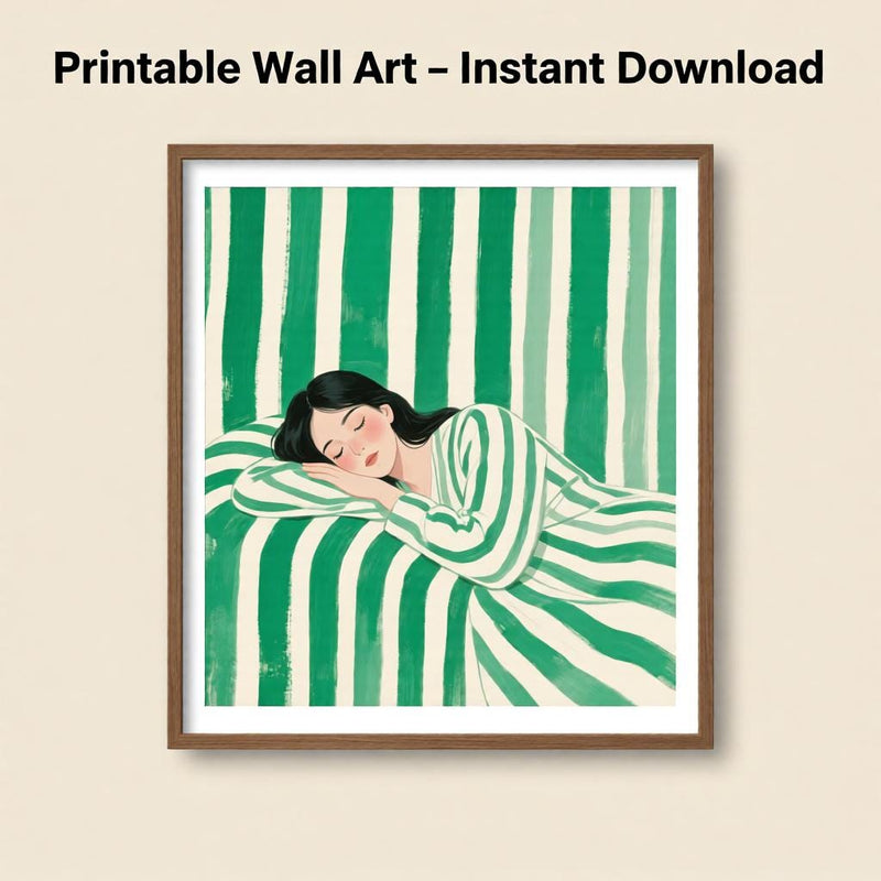 Load image into Gallery viewer, Sleeping Woman Art Emerald Stripe Figurative Poster Minimalist Bedroom Decor Printable Digital Download
