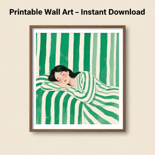 Sleeping Woman Art Emerald Stripe Figurative Poster Minimalist Bedroom Decor Printable Digital Download