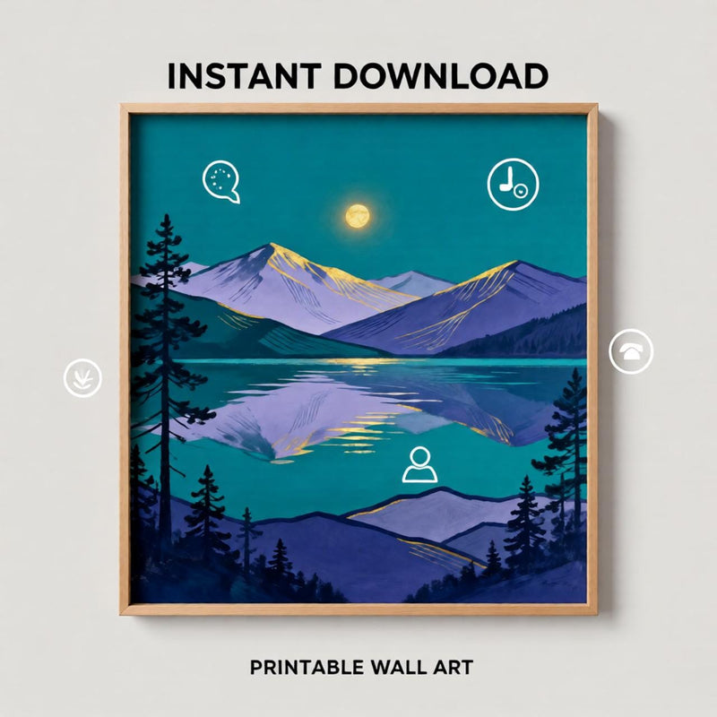 Load image into Gallery viewer, Teal Wall Art Mountain Lake Print Abstract Landscape Pine Trees Gold Moon Matte Download
