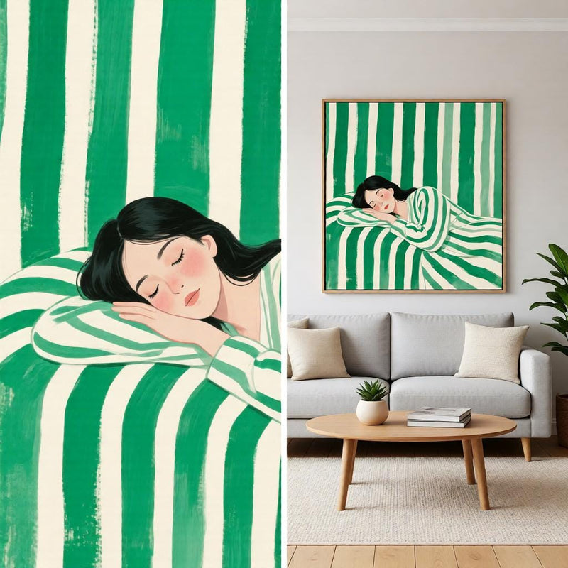 Load image into Gallery viewer, Sleeping Woman Art Emerald Stripe Figurative Poster Minimalist Bedroom Decor Printable Digital Download
