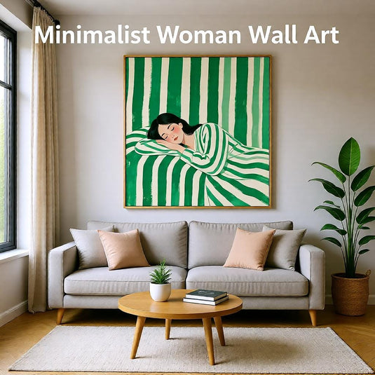 Sleeping Woman Art Emerald Stripe Figurative Poster Minimalist Bedroom Decor Printable Digital Download