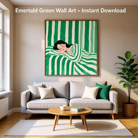 Sleeping Woman Art Emerald Stripe Figurative Poster Minimalist Bedroom Decor Printable Digital Download