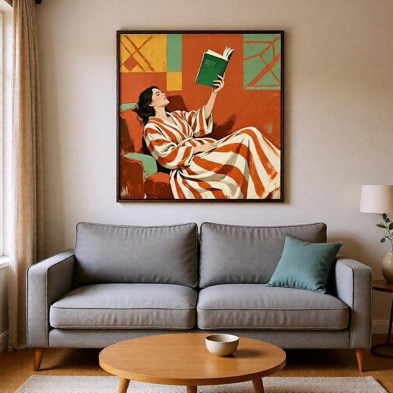 Load image into Gallery viewer, Library Wall Art Reading Woman Poster Emerald Bookish Decor Cozy Literary Printable Digital Download
