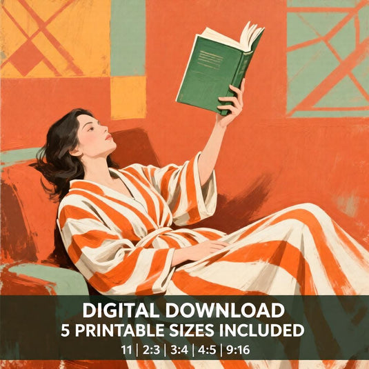 Library Wall Art Reading Woman Poster Emerald Bookish Decor Cozy Literary Printable Digital Download