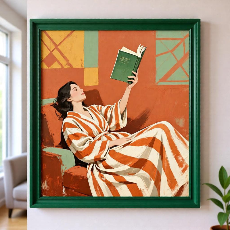 Load image into Gallery viewer, Library Wall Art Reading Woman Poster Emerald Bookish Decor Cozy Literary Printable Digital Download
