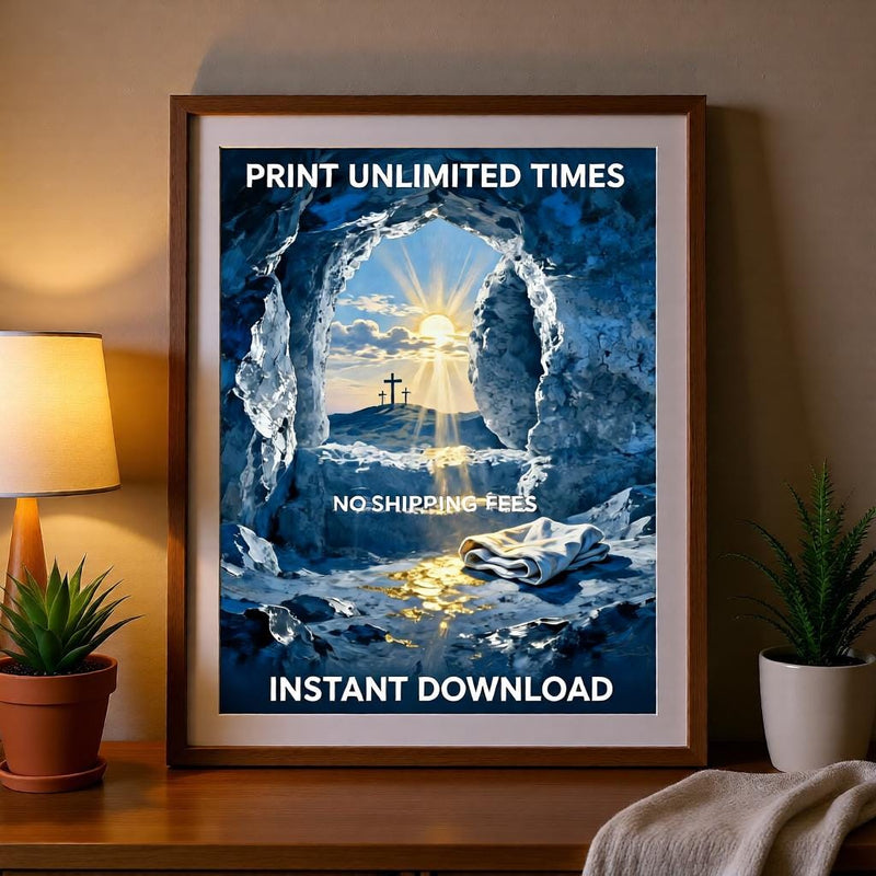 Load image into Gallery viewer, Christian Wall Art Printable Jesus Resurrection Empty Tomb Easter Sunrise Bible Verse Decor Download

