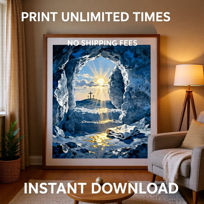 Load image into Gallery viewer, Christian Wall Art Printable Jesus Resurrection Empty Tomb Easter Sunrise Bible Verse Decor Download
