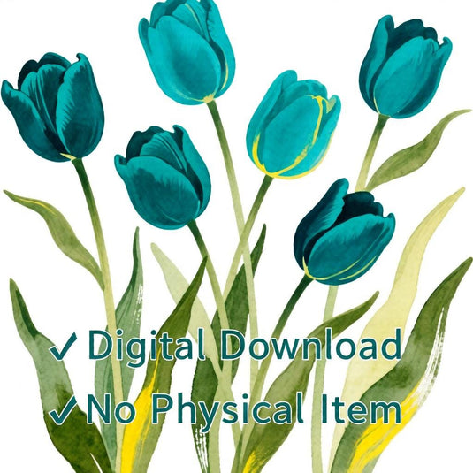 Teal Tulip Art Botanical Floral Print Blue Green Flowers Minimalist Printable Digital Download
