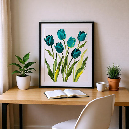Teal Tulip Art Botanical Floral Print Blue Green Flowers Minimalist Printable Digital Download