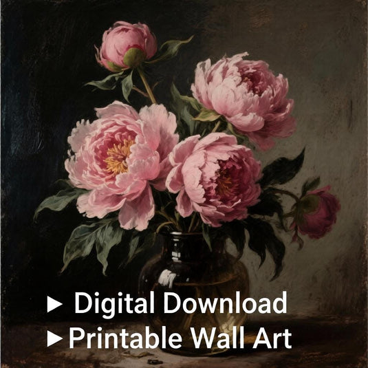 Vintage Peony Art Botanical Printable Moody Floral Cottagecore Decor Antique Digital Download