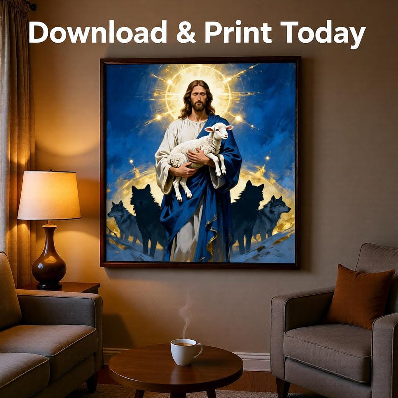 Load image into Gallery viewer, Good Shepherd Art Jesus Holding Lamb Print Christian Faith Decor Matte Download Biblical

