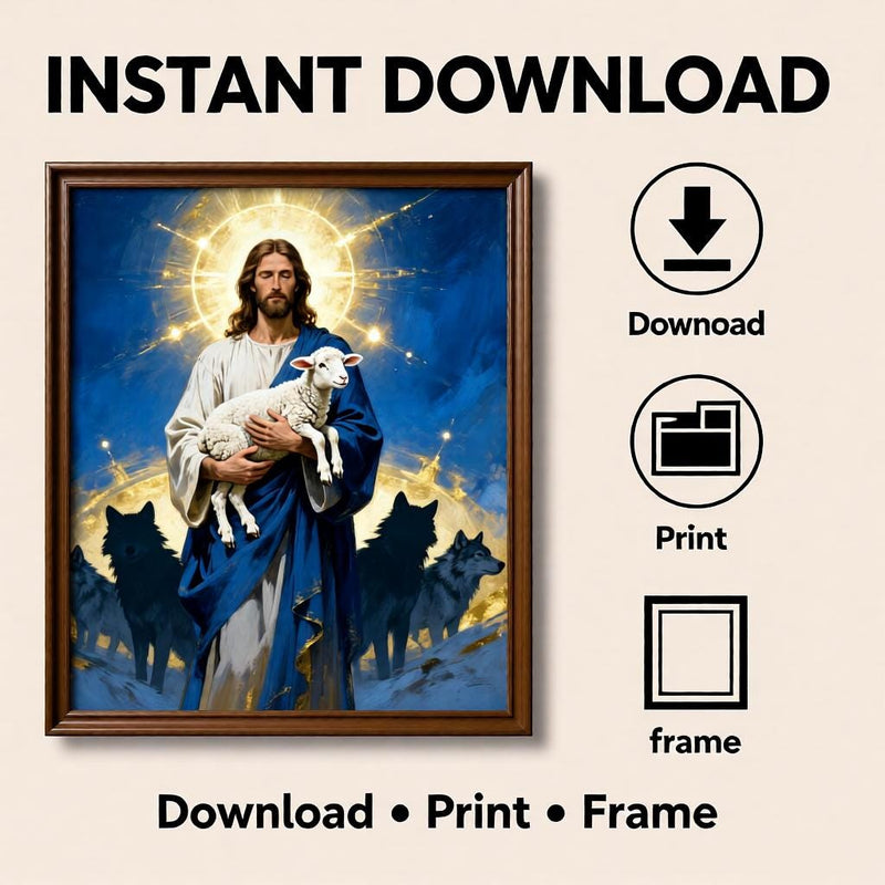 Load image into Gallery viewer, Good Shepherd Art Jesus Holding Lamb Print Christian Faith Decor Matte Download Biblical

