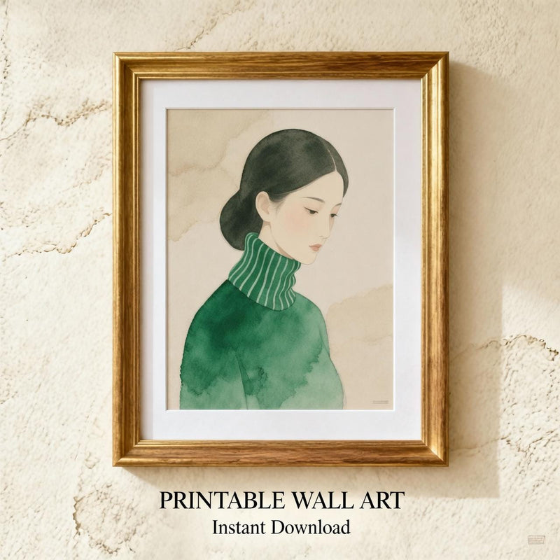 Load image into Gallery viewer, Asian Girl Art Minimalist Portrait Line Drawing Neutral Figurative Printable Digital Download
