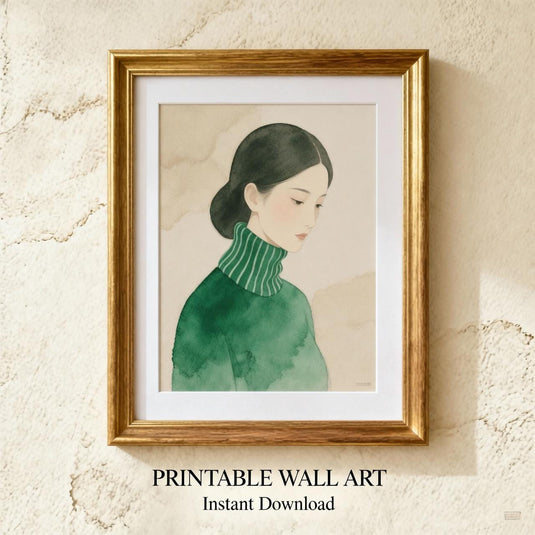Asian Girl Art Minimalist Portrait Line Drawing Neutral Figurative Printable Digital Download