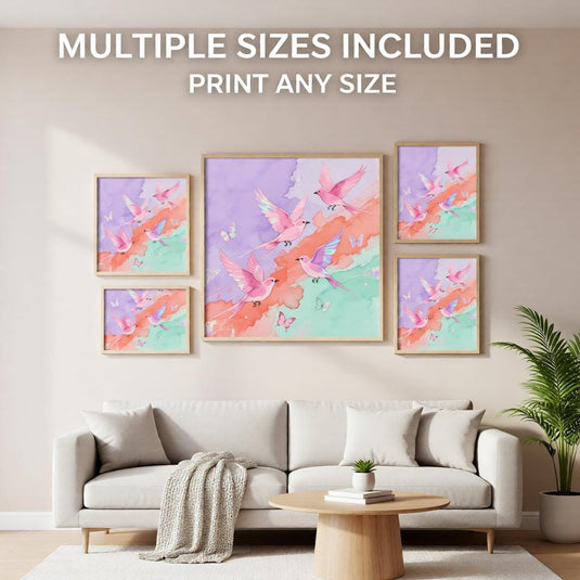 Pink Birds Wall Art Pastel Butterfly Nursery Decor Watercolor Bird Printable Download