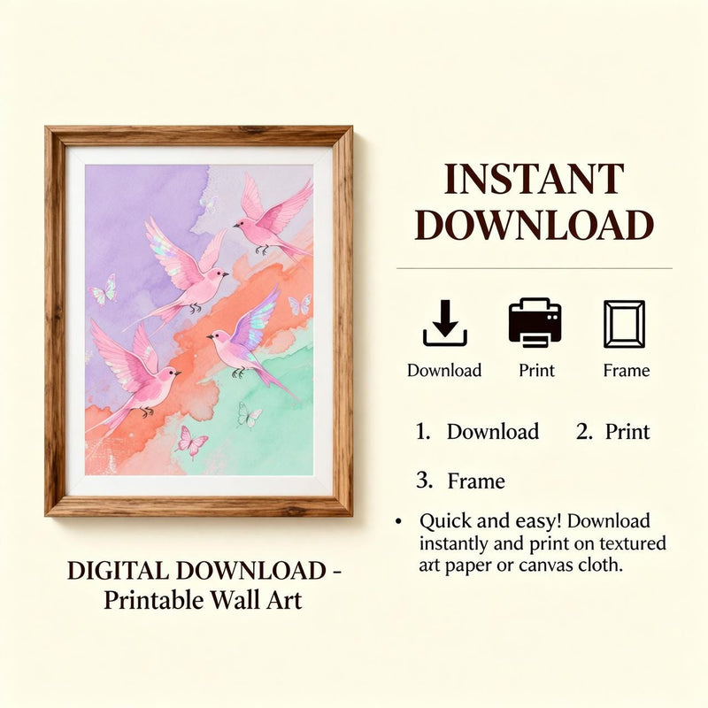Load image into Gallery viewer, Pink Birds Wall Art Pastel Butterfly Nursery Decor Watercolor Bird Printable Download
