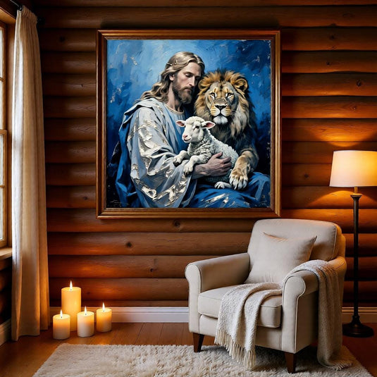 Holy Family Art Jesus Lion Lamb Print Christian Decor Blue Matte Download Spiritual