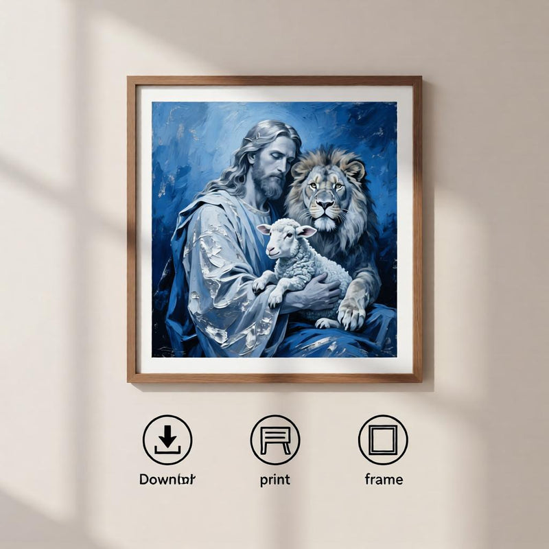 Load image into Gallery viewer, Holy Family Art Jesus Lion Lamb Print Christian Decor Blue Matte Download Spiritual
