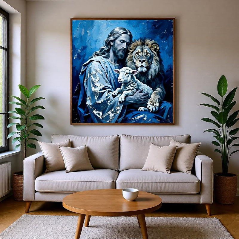 Load image into Gallery viewer, Holy Family Art Jesus Lion Lamb Print Christian Decor Blue Matte Download Spiritual
