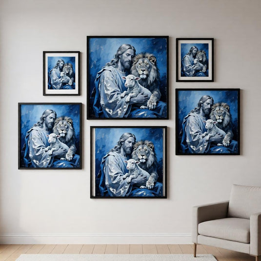 Holy Family Art Jesus Lion Lamb Print Christian Decor Blue Matte Download Spiritual