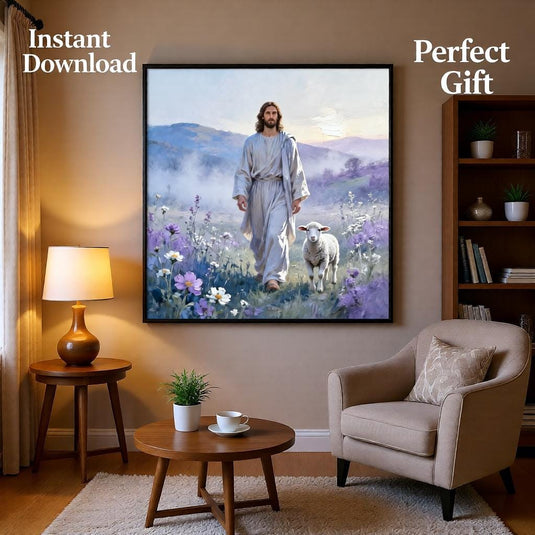 Jesus Lamb Art Leaves 99 Print Christian Gospel Decor Peaceful Matte Download Faith