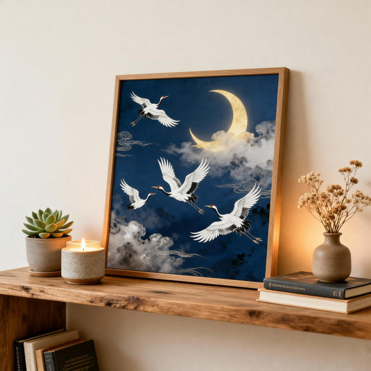 Japanese Crane Art Moon Night Sky Print Flying Birds Oriental Decor Matte Download