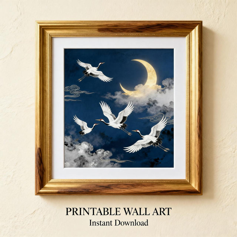 Load image into Gallery viewer, Japanese Crane Art Moon Night Sky Print Flying Birds Oriental Decor Matte Download
