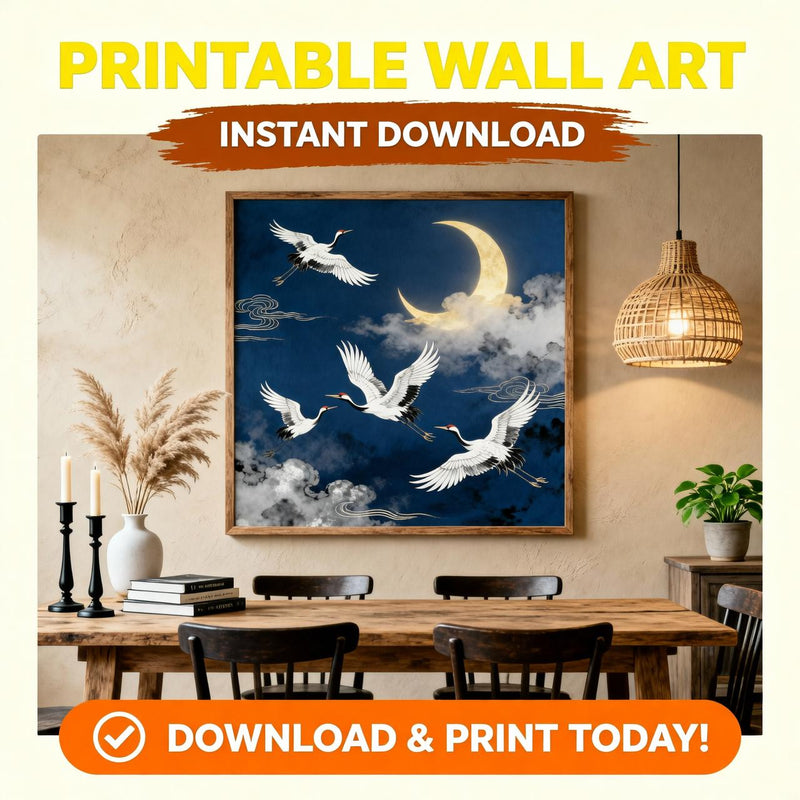 Load image into Gallery viewer, Japanese Crane Art Moon Night Sky Print Flying Birds Oriental Decor Matte Download
